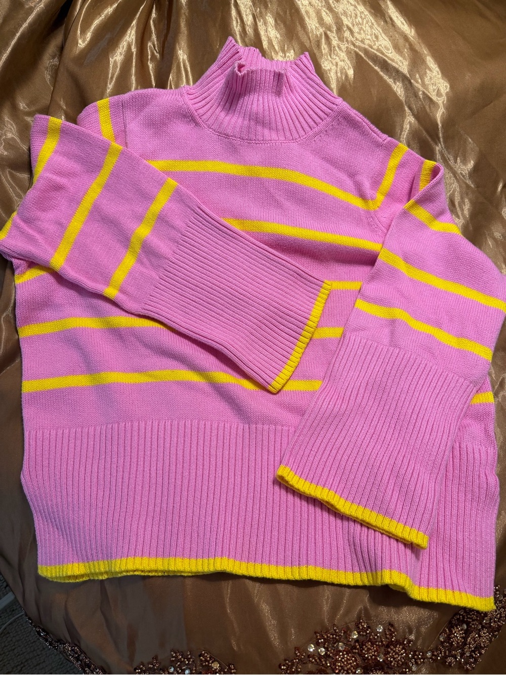 Women's Pink & Yellow Striped Turtleneck Sweater